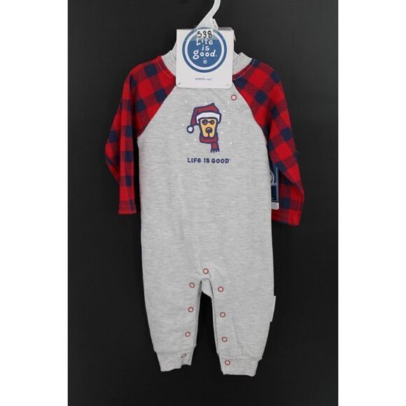 LIFE IS GOOD ROMPER W/HAT & RUFFLES GRAY BUFFALO PLAID DOG GIRLS 3/6M NWT - Picture 1 of 8